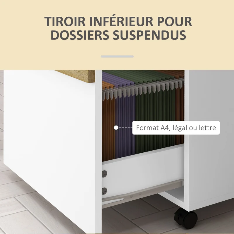 Caisson de bureau à roulettes 48 x 40 x 59,5 cm 2 tiroirs 5 roulettes avec clé moderne en panneau de particules blanc 21_0006391