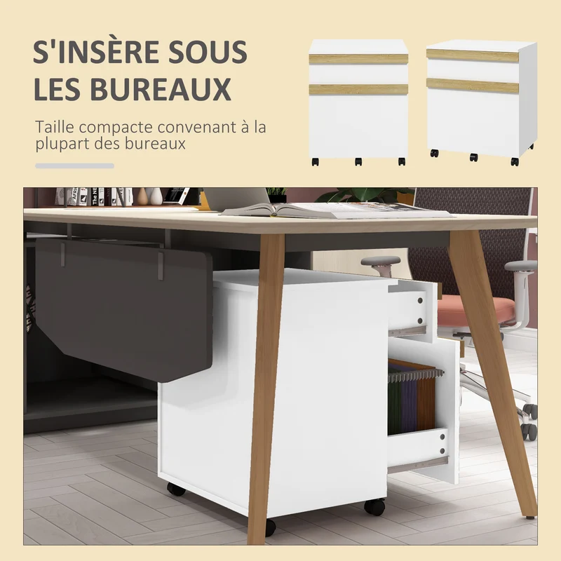 Caisson de bureau à roulettes 48 x 40 x 59,5 cm 2 tiroirs 5 roulettes avec clé moderne en panneau de particules blanc 21_0006391