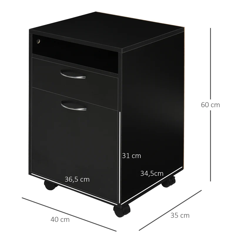 Caisson de bureau 40 x 35 x 60 cm tiroir et placard sur roulettes à freins design épuré en panneaux de particules noir 21_0002382