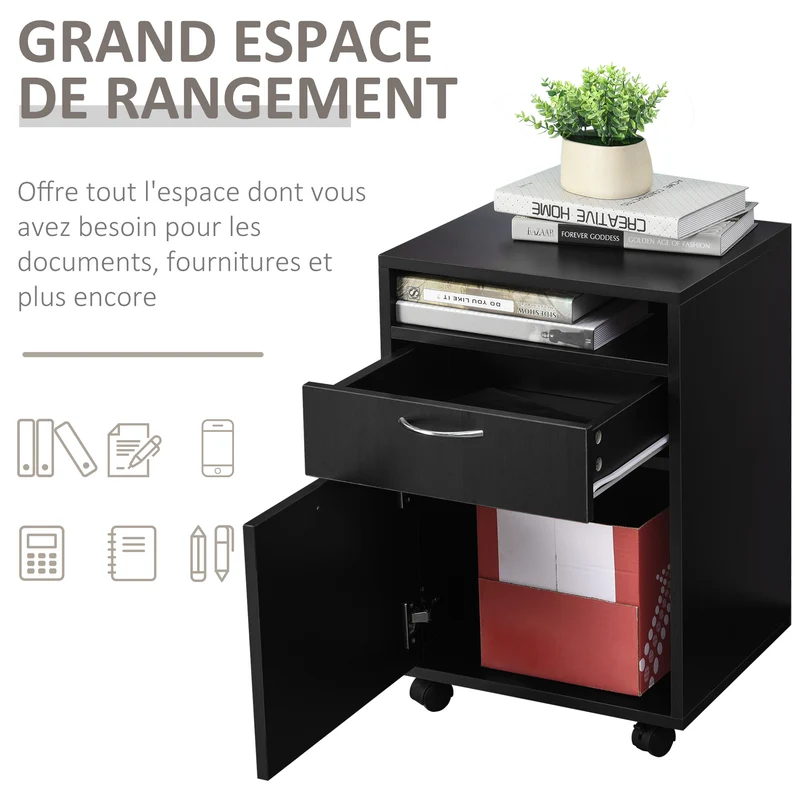 Caisson de bureau 40 x 35 x 60 cm tiroir et placard sur roulettes à freins design épuré en panneaux de particules noir 21_0002382