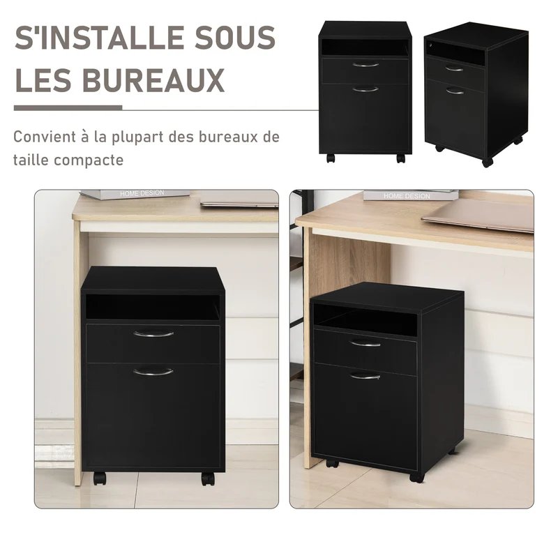 Caisson de bureau 40 x 35 x 60 cm tiroir et placard sur roulettes à freins design épuré en panneaux de particules noir 21_0002382