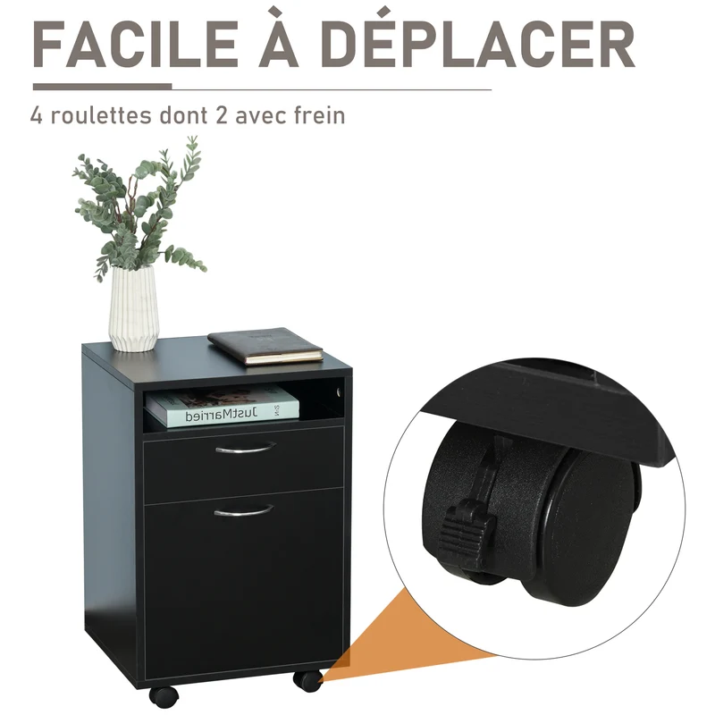 Caisson de bureau 40 x 35 x 60 cm tiroir et placard sur roulettes à freins design épuré en panneaux de particules noir 21_0002382