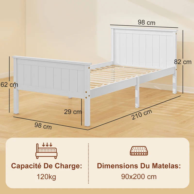 Cadre de lit simple 90 x 200 cm rangement 29 cm sous le lit silencieux et stable moderne cosy en bois de pin blanc 21_0003743