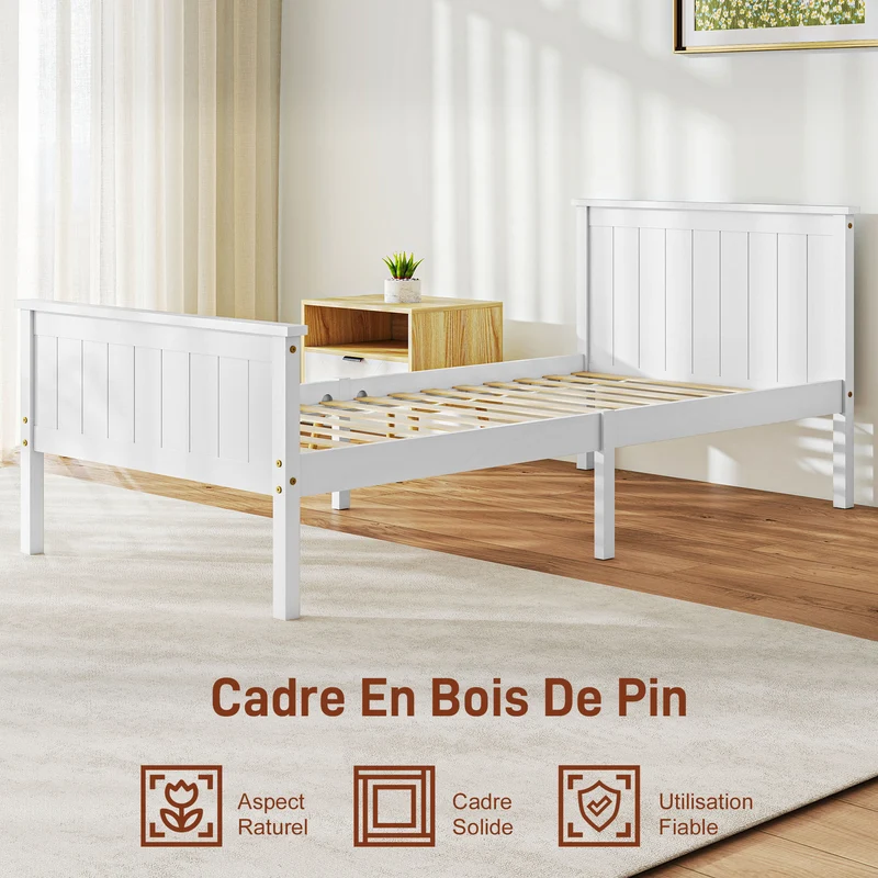 Cadre de lit simple 90 x 200 cm rangement 29 cm sous le lit silencieux et stable moderne cosy en bois de pin blanc 21_0003743