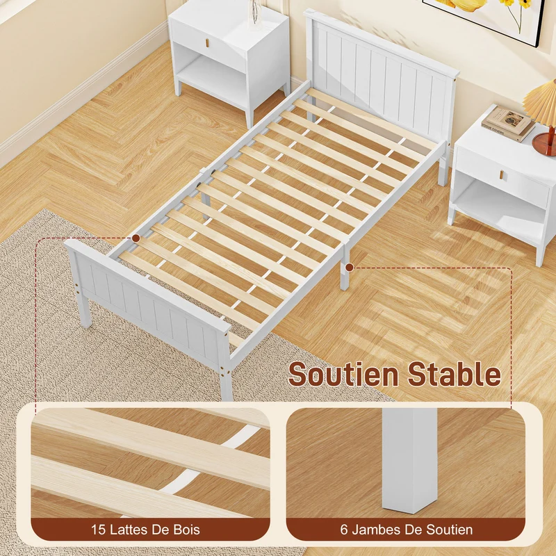 Cadre de lit simple 90 x 200 cm rangement 29 cm sous le lit silencieux et stable moderne cosy en bois de pin blanc 21_0003743