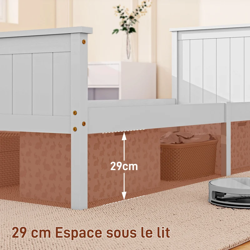 Cadre de lit simple 90 x 200 cm rangement 29 cm sous le lit silencieux et stable moderne cosy en bois de pin blanc 21_0003743
