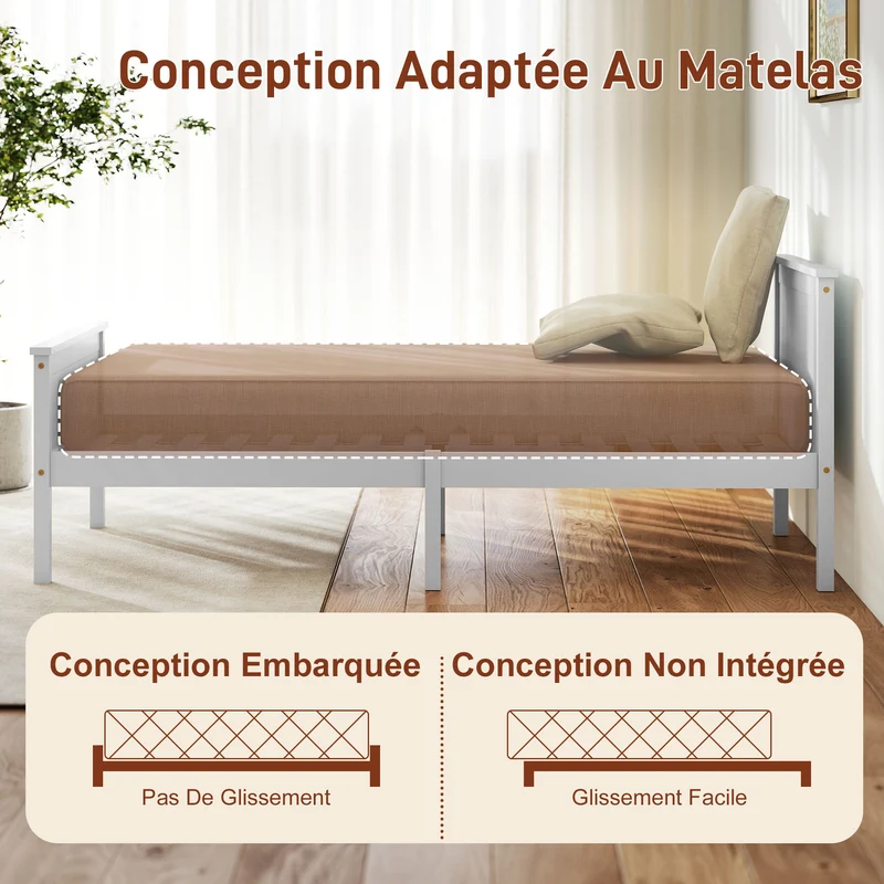 Cadre de lit simple 90 x 200 cm rangement 29 cm sous le lit silencieux et stable moderne cosy en bois de pin blanc 21_0003743