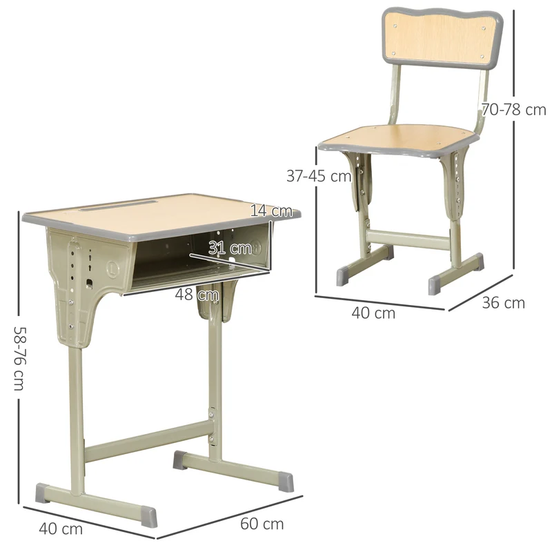 Bureau enfant pupitre d'écolier 60 x 40 x 58-76 cm hauteur réglable rangements intégrés vintage scandinave en MDF kaki 21_0000196