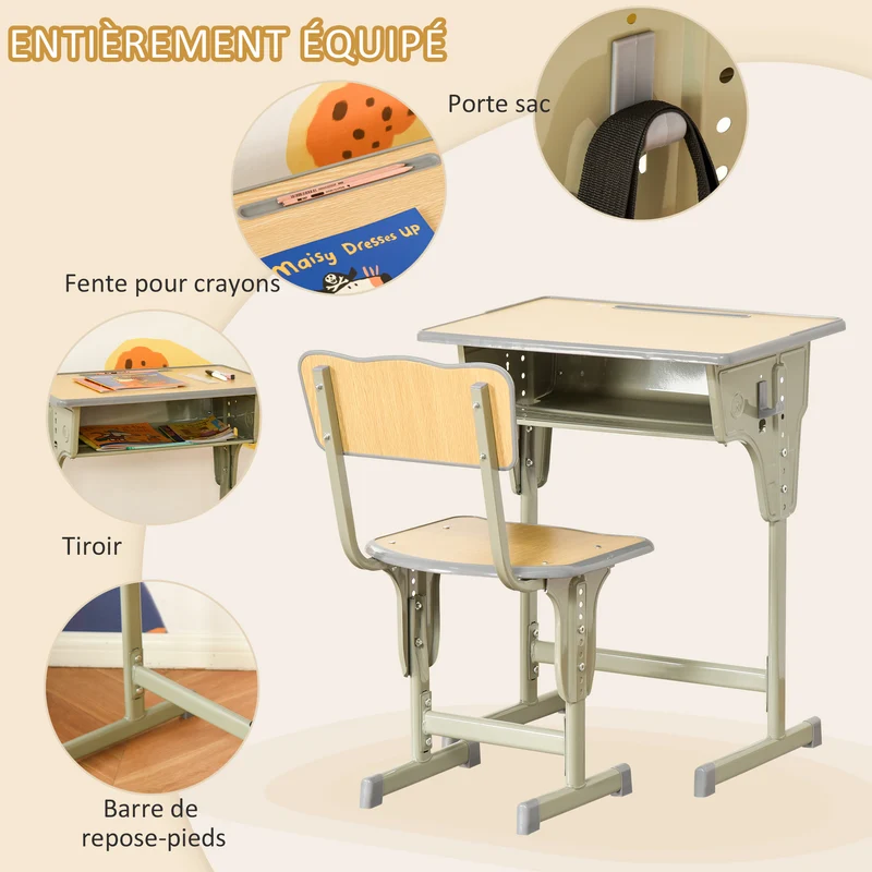Bureau enfant pupitre d'écolier 60 x 40 x 58-76 cm hauteur réglable rangements intégrés vintage scandinave en MDF kaki 21_0000196