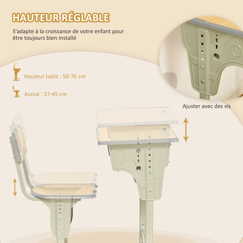 Bureau enfant pupitre d'écolier 60 x 40 x 58-76 cm hauteur réglable rangements intégrés vintage scandinave en MDF kaki 21_0000196