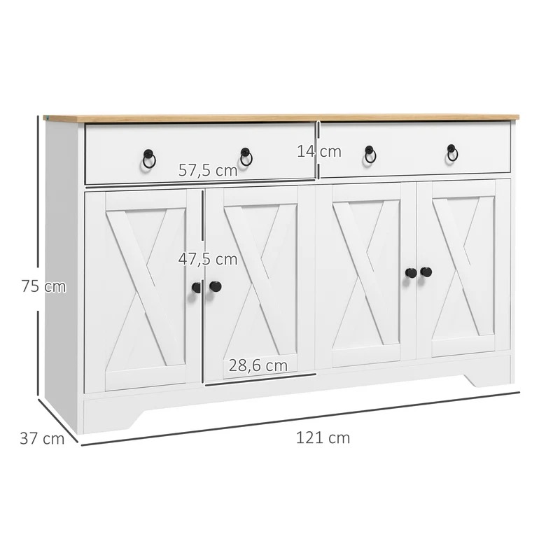 Buffet rustique 121 x 37 x 75 cm 2 tiroirs 2 portes étagères réglables poignées salon en panneaux de particules blanc 21_0003213