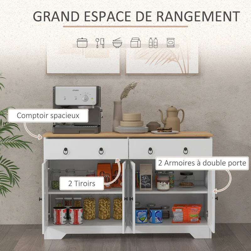 Buffet rustique 121 x 37 x 75 cm 2 tiroirs 2 portes étagères réglables poignées salon en panneaux de particules blanc 21_0003213