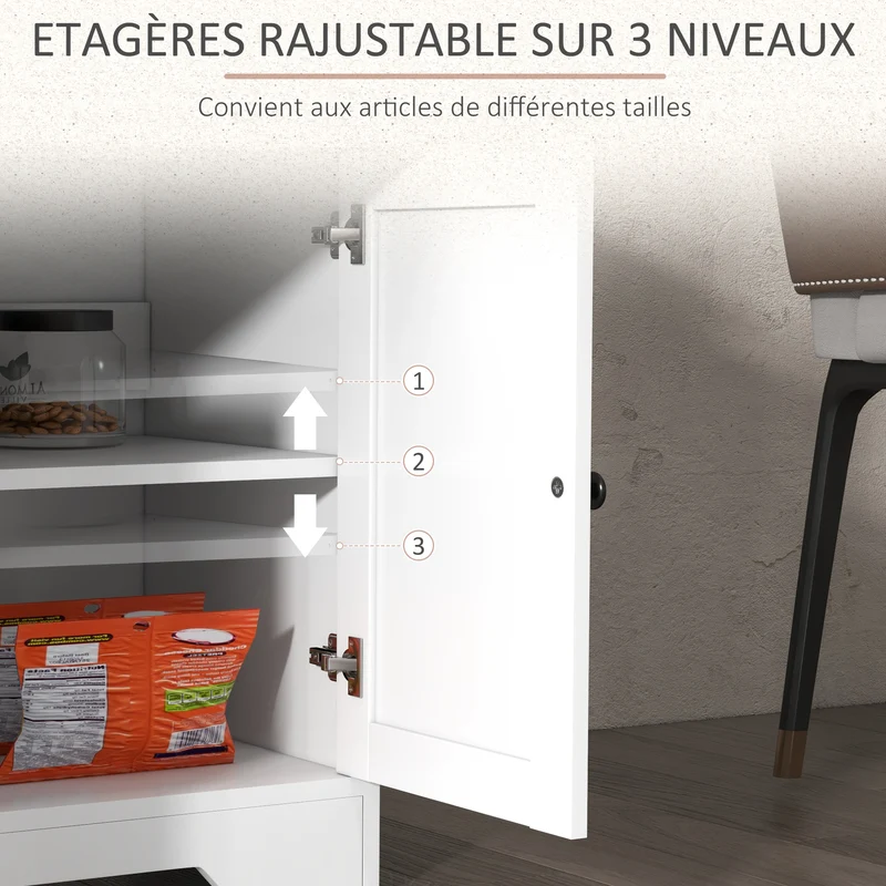 Buffet rustique 121 x 37 x 75 cm 2 tiroirs 2 portes étagères réglables poignées salon en panneaux de particules blanc 21_0003213