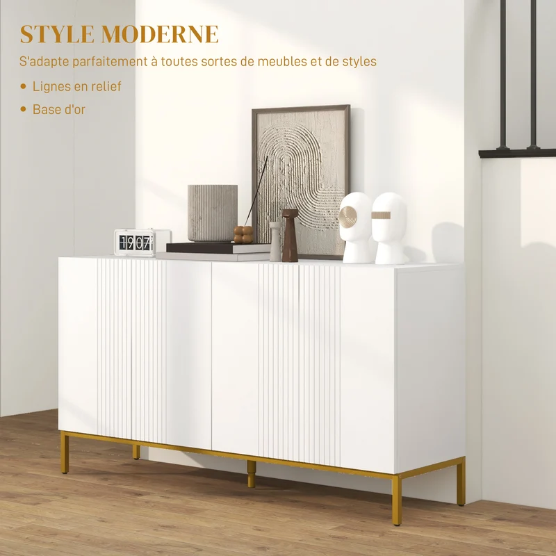 Buffet de rangement graphique 140 x 40 x 75 cm étagères réglables grande capacité moderne en panneau de particules blanc 21_0003167