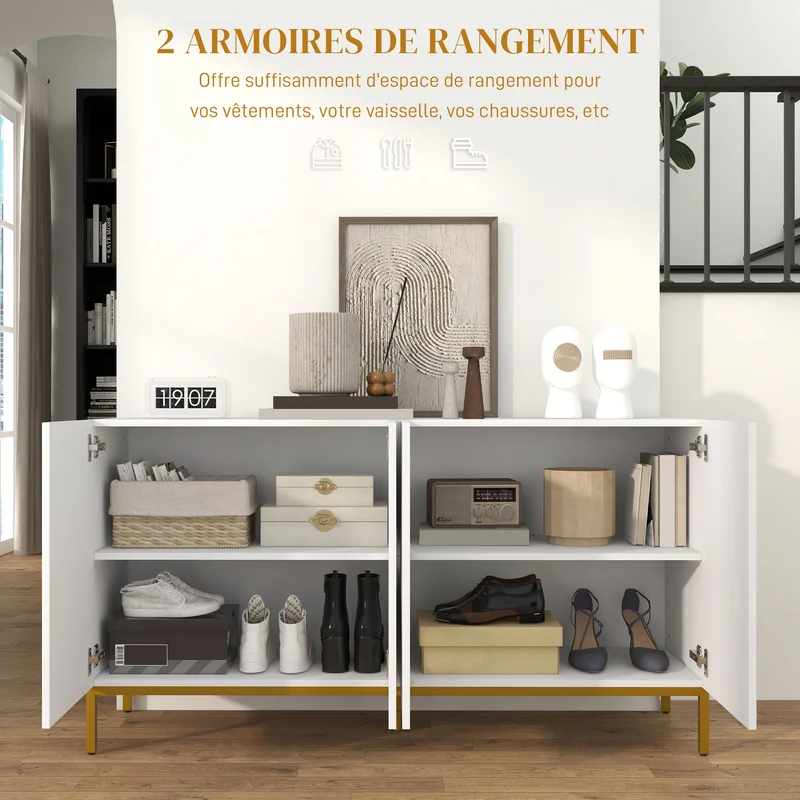 Buffet de rangement graphique 140 x 40 x 75 cm étagères réglables grande capacité moderne en panneau de particules blanc 21_0003167
