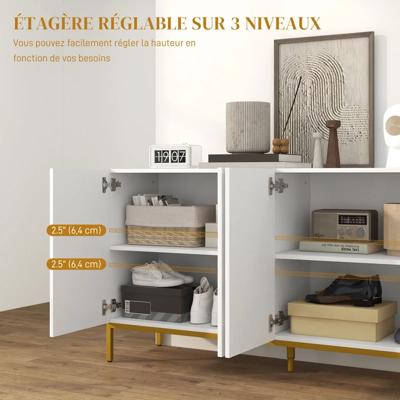 Buffet de rangement graphique 140 x 40 x 75 cm étagères réglables grande capacité moderne en panneau de particules blanc 21_0003167