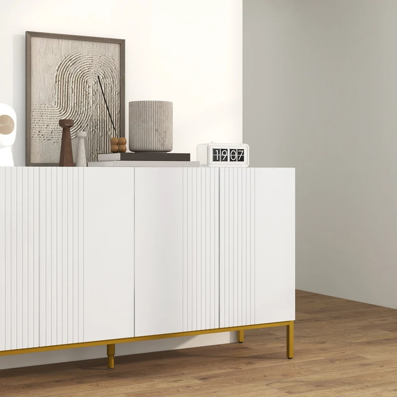 Buffet de rangement graphique 140 x 40 x 75 cm étagères réglables grande capacité moderne en panneau de particules blanc 21_0003167