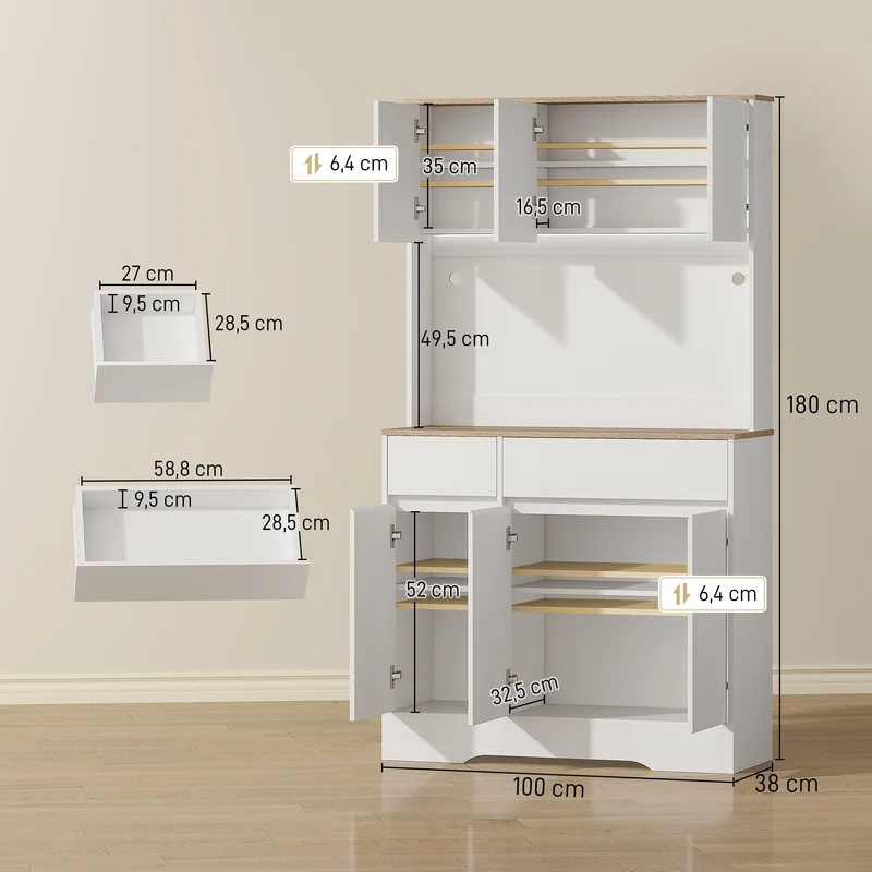 Buffet de cuisine haut avec bande led rvb plan de travail 100 x 38 x 180 cm gain de place pratique moderne en MDF blanc 21_0003296
