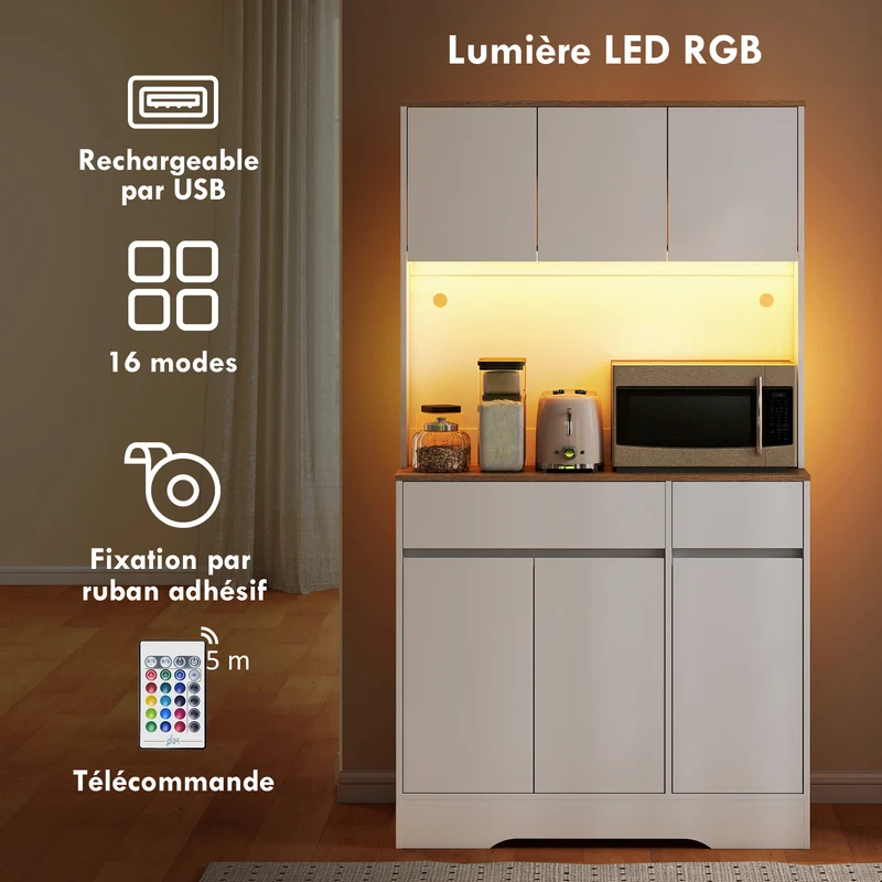 Buffet de cuisine haut avec bande led rvb plan de travail 100 x 38 x 180 cm gain de place pratique moderne en MDF blanc 21_0003296