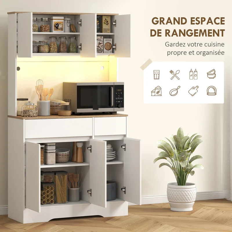Buffet de cuisine haut avec bande led rvb plan de travail 100 x 38 x 180 cm gain de place pratique moderne en MDF blanc 21_0003296