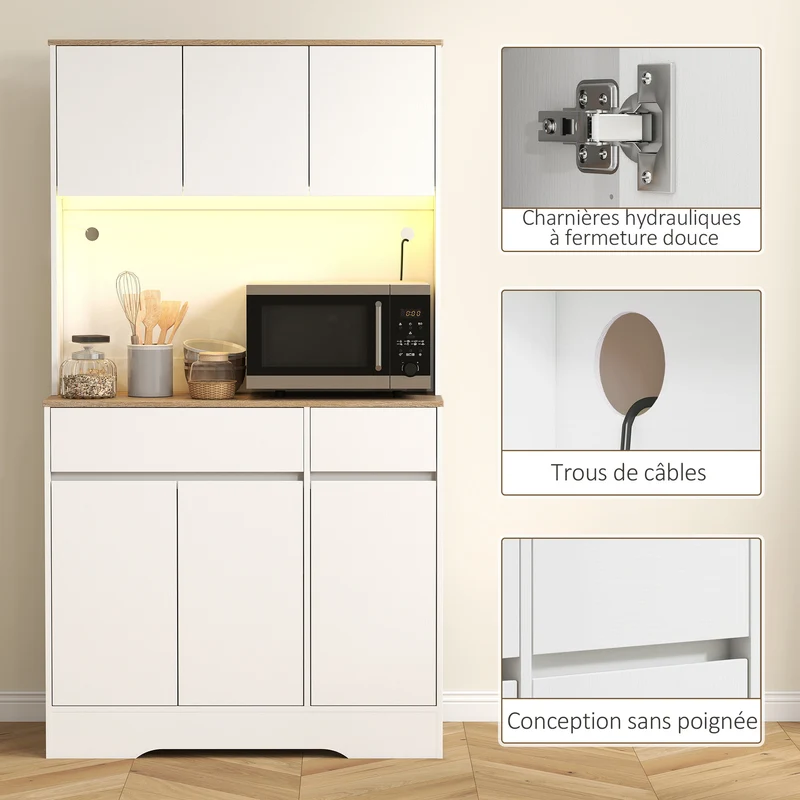 Buffet de cuisine haut avec bande led rvb plan de travail 100 x 38 x 180 cm gain de place pratique moderne en MDF blanc 21_0003296