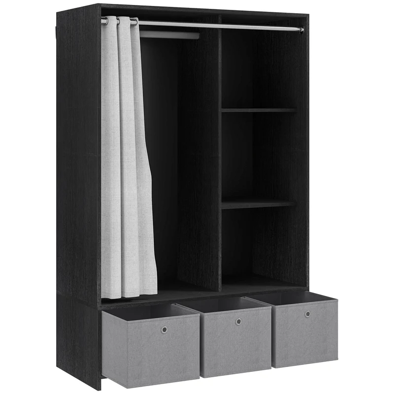 Armoire penderie chambre 105 x 48 x 160 cm capacité tringle 3 niches 3 tiroirs style épuré en panneau de particules noir 21_0001523