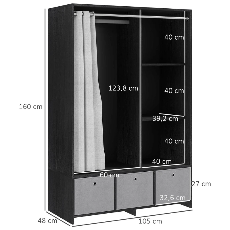 Armoire penderie chambre 105 x 48 x 160 cm capacité tringle 3 niches 3 tiroirs style épuré en panneau de particules noir 21_0001523