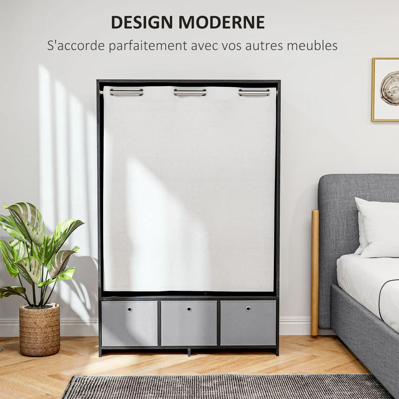 Armoire penderie chambre 105 x 48 x 160 cm capacité tringle 3 niches 3 tiroirs style épuré en panneau de particules noir 21_0001523