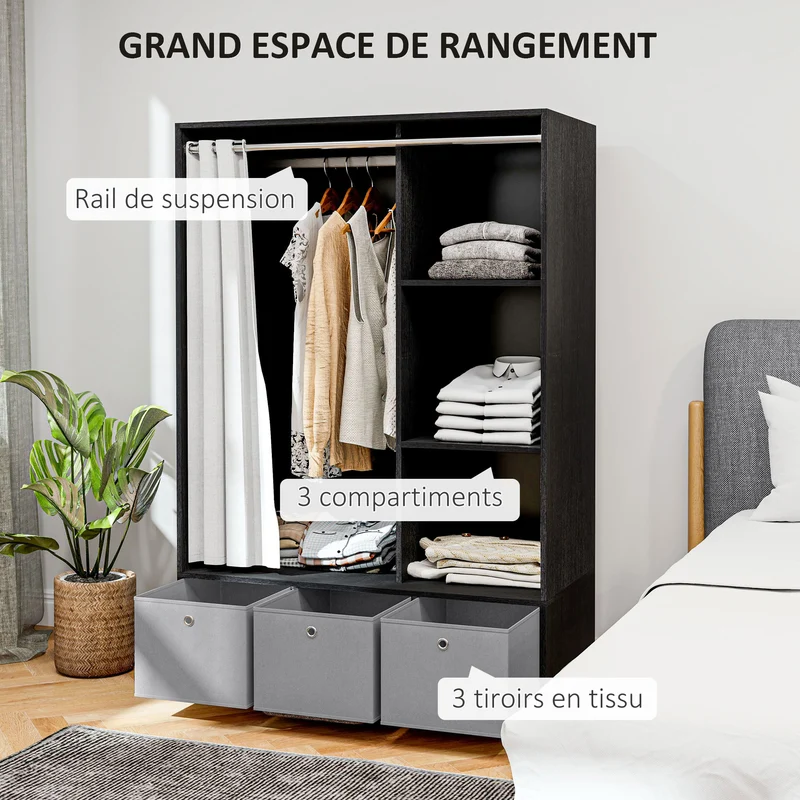 Armoire penderie chambre 105 x 48 x 160 cm capacité tringle 3 niches 3 tiroirs style épuré en panneau de particules noir 21_0001523