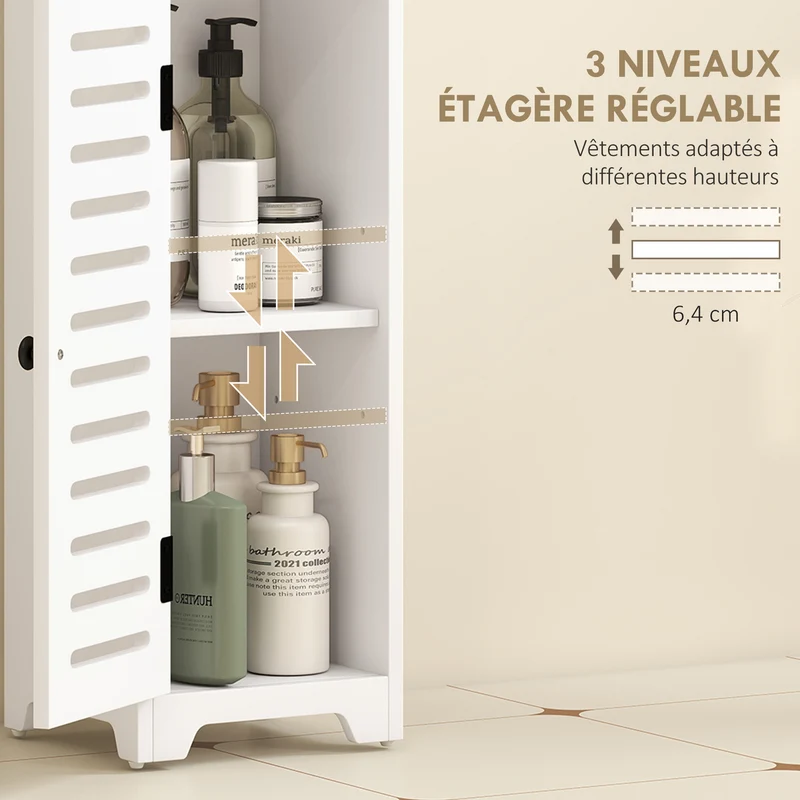 Armoire colonne salle de bain 22 x 20 x 75 cm étagères réglables sécurité anti basculement style moderne en MDF blanc 21_0002131