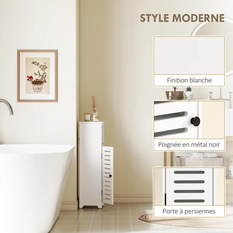 Armoire colonne salle de bain 22 x 20 x 75 cm étagères réglables sécurité anti basculement style moderne en MDF blanc 21_0002131