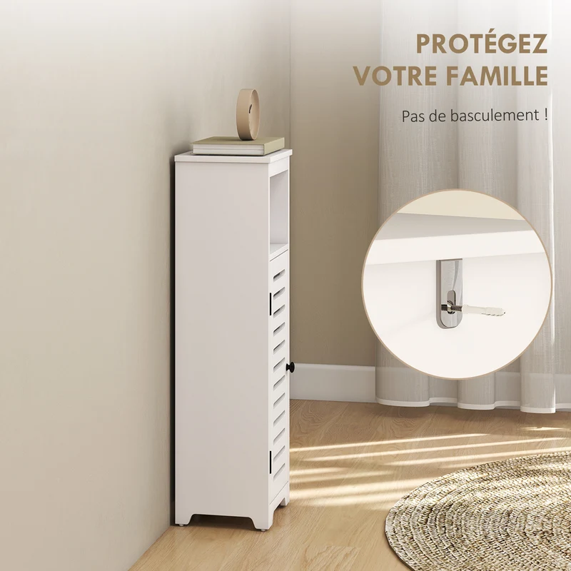 Armoire colonne salle de bain 22 x 20 x 75 cm étagères réglables sécurité anti basculement style moderne en MDF blanc 21_0002131