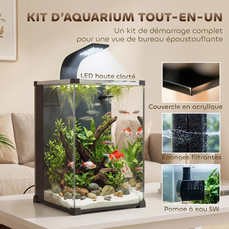 Aquarium nano de bureau 30 x 30 x 45,5 cm filtre intégré pompe 5 w éclairage led design minimaliste en verre trempé noir 21_0008042