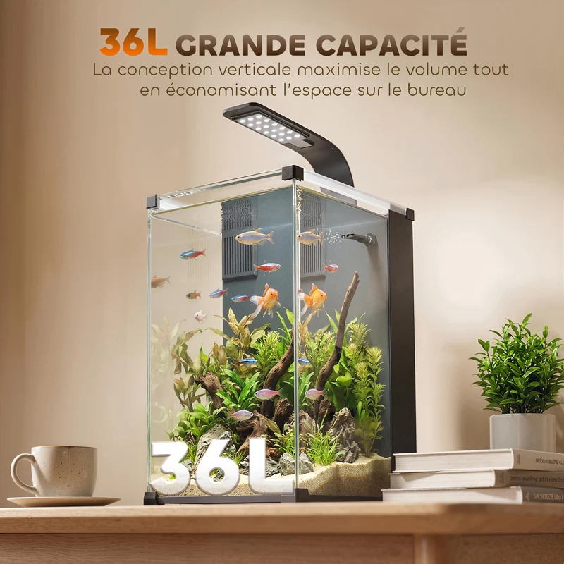 Aquarium nano de bureau 30 x 30 x 45,5 cm filtre intégré pompe 5 w éclairage led design minimaliste en verre trempé noir 21_0008042
