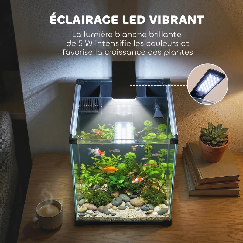 Aquarium nano de bureau 30 x 30 x 45,5 cm filtre intégré pompe 5 w éclairage led design minimaliste en verre trempé noir 21_0008042