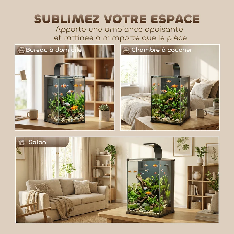 Aquarium nano de bureau 30 x 30 x 45,5 cm filtre intégré pompe 5 w éclairage led design minimaliste en verre trempé noir 21_0008042