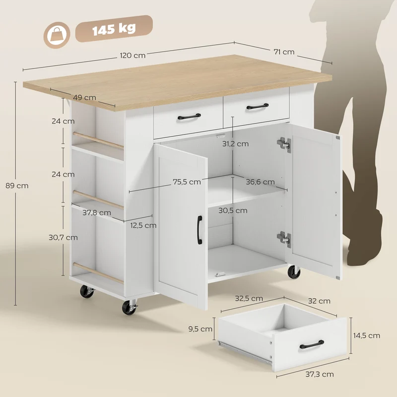 Îlot de cuisine avec station de charge et plan de travail rabattable 120 x 71 x 89 cm moderne contemporain en MDF blanc 21_0001064