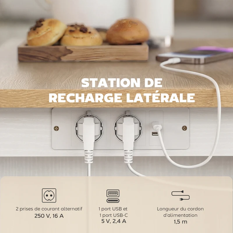 Îlot de cuisine avec station de charge et plan de travail rabattable 120 x 71 x 89 cm moderne contemporain en MDF blanc 21_0001064