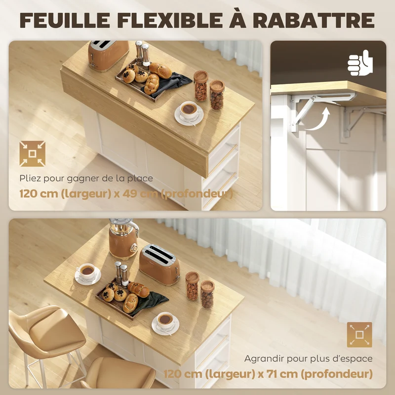 Îlot de cuisine avec station de charge et plan de travail rabattable 120 x 71 x 89 cm moderne contemporain en MDF blanc 21_0001064