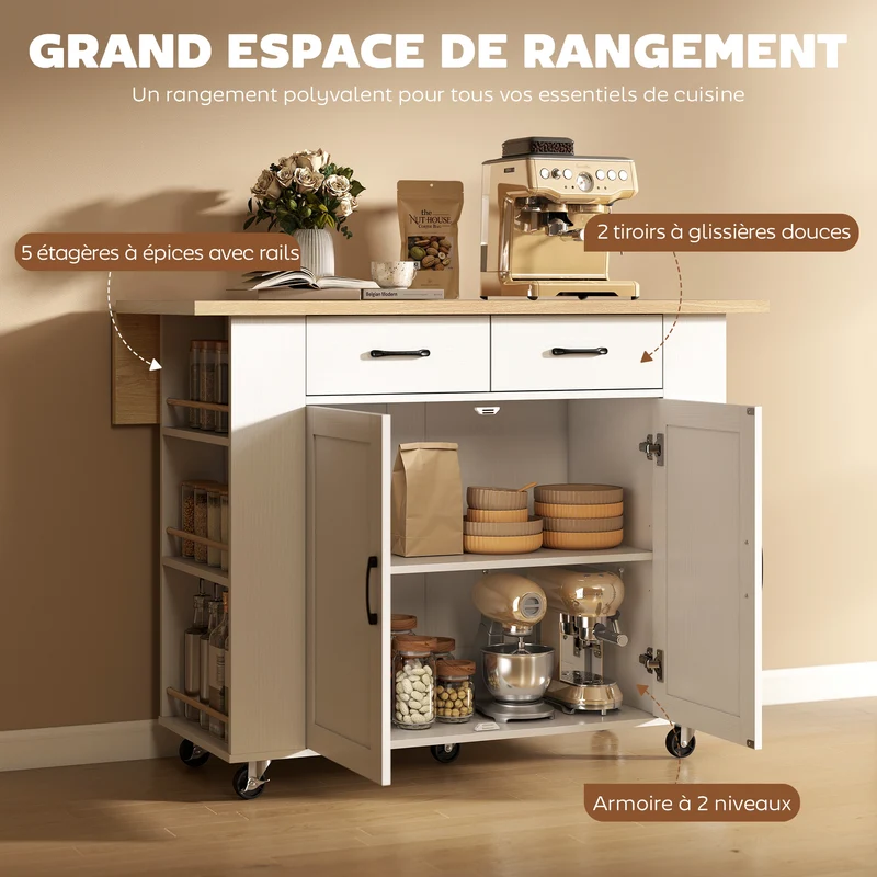 Îlot de cuisine avec station de charge et plan de travail rabattable 120 x 71 x 89 cm moderne contemporain en MDF blanc 21_0001064