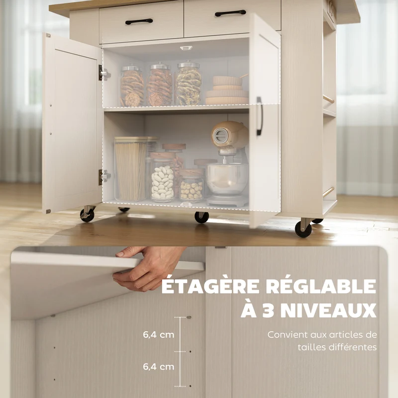 Îlot de cuisine avec station de charge et plan de travail rabattable 120 x 71 x 89 cm moderne contemporain en MDF blanc 21_0001064