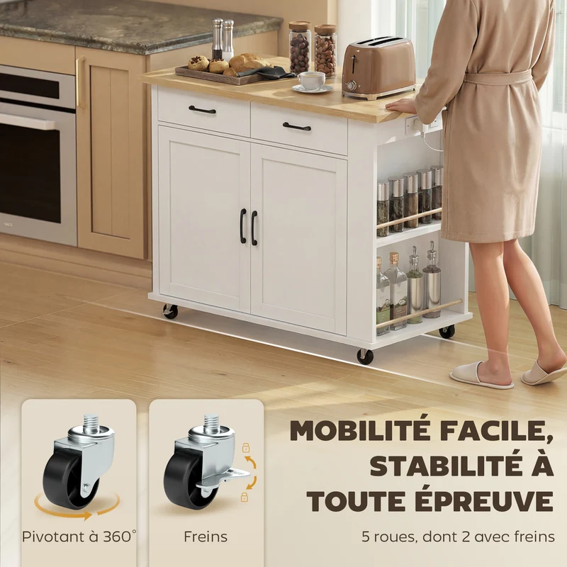 Îlot de cuisine avec station de charge et plan de travail rabattable 120 x 71 x 89 cm moderne contemporain en MDF blanc 21_0001064