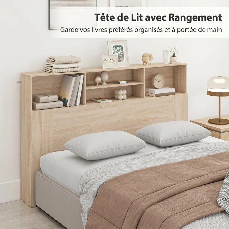 Tête de lit sur pied 160 x 20,2 x 108,2 cm 4 compartiments rangement pratique moderne en bois d'ingénierie bois naturel 21_0003757