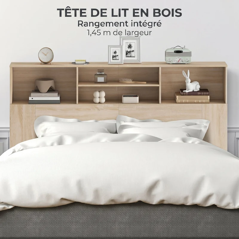 Tête de lit sur pied 160 x 20,2 x 108,2 cm 4 compartiments rangement pratique moderne en bois d'ingénierie bois naturel 21_0003757