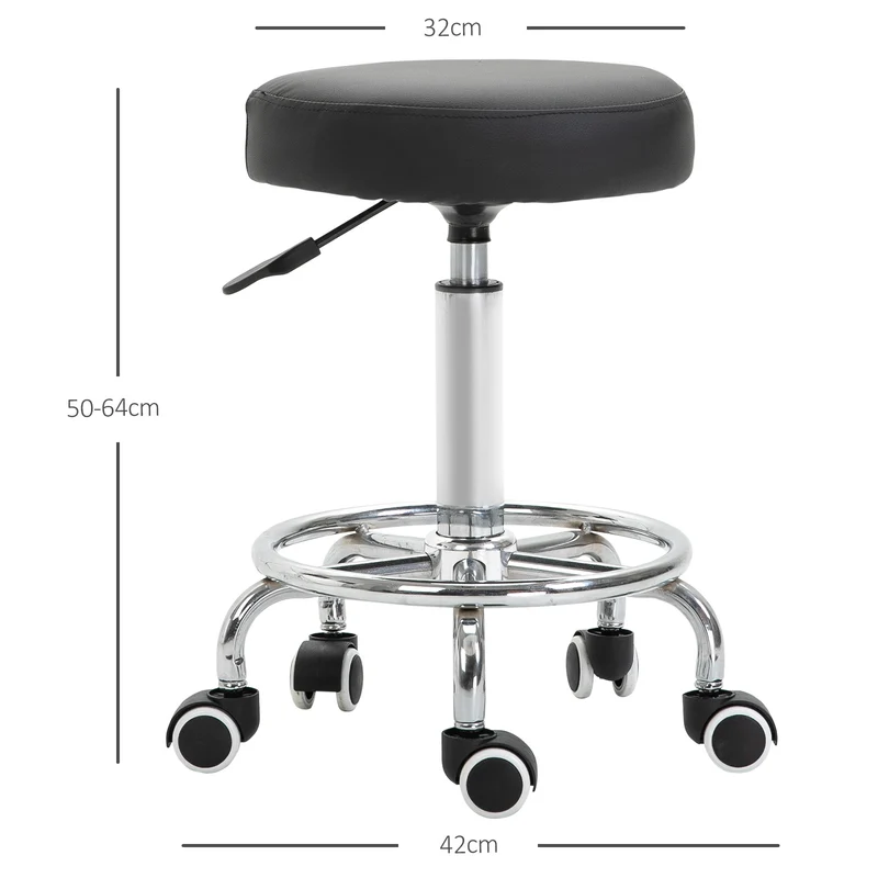 Tabouret à roulettes assise rembourrée 42 x 50-64 cm réglable pivotant ergonomique salon moderne en polyuréthane noir 21_0000813