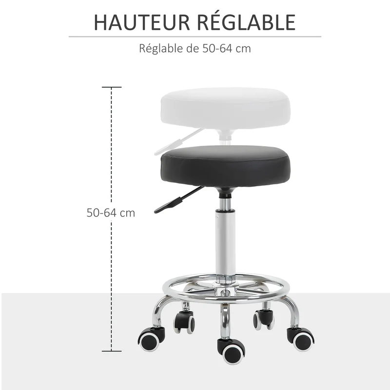 Tabouret à roulettes assise rembourrée 42 x 50-64 cm réglable pivotant ergonomique salon moderne en polyuréthane noir 21_0000813