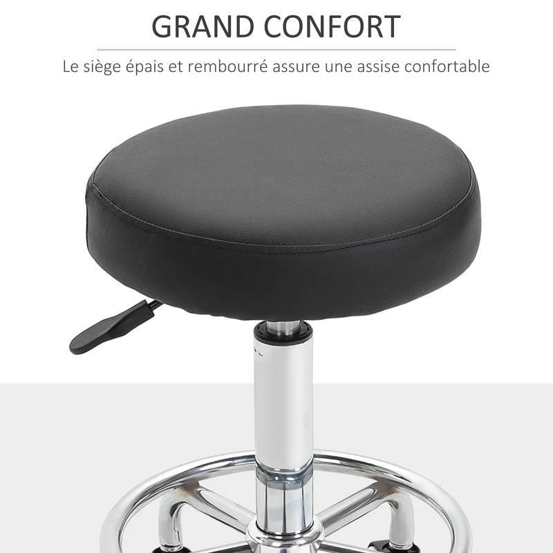 Tabouret à roulettes assise rembourrée 42 x 50-64 cm réglable pivotant ergonomique salon moderne en polyuréthane noir 21_0000813
