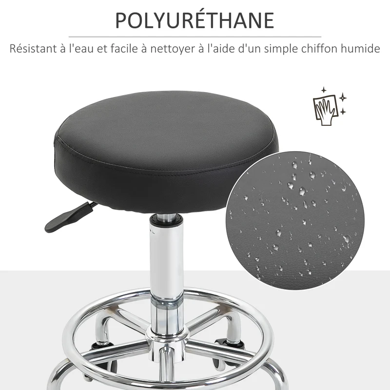 Tabouret à roulettes assise rembourrée 42 x 50-64 cm réglable pivotant ergonomique salon moderne en polyuréthane noir 21_0000813