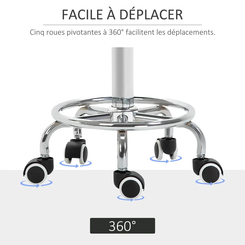 Tabouret à roulettes assise rembourrée 42 x 50-64 cm réglable pivotant ergonomique salon moderne en polyuréthane noir 21_0000813