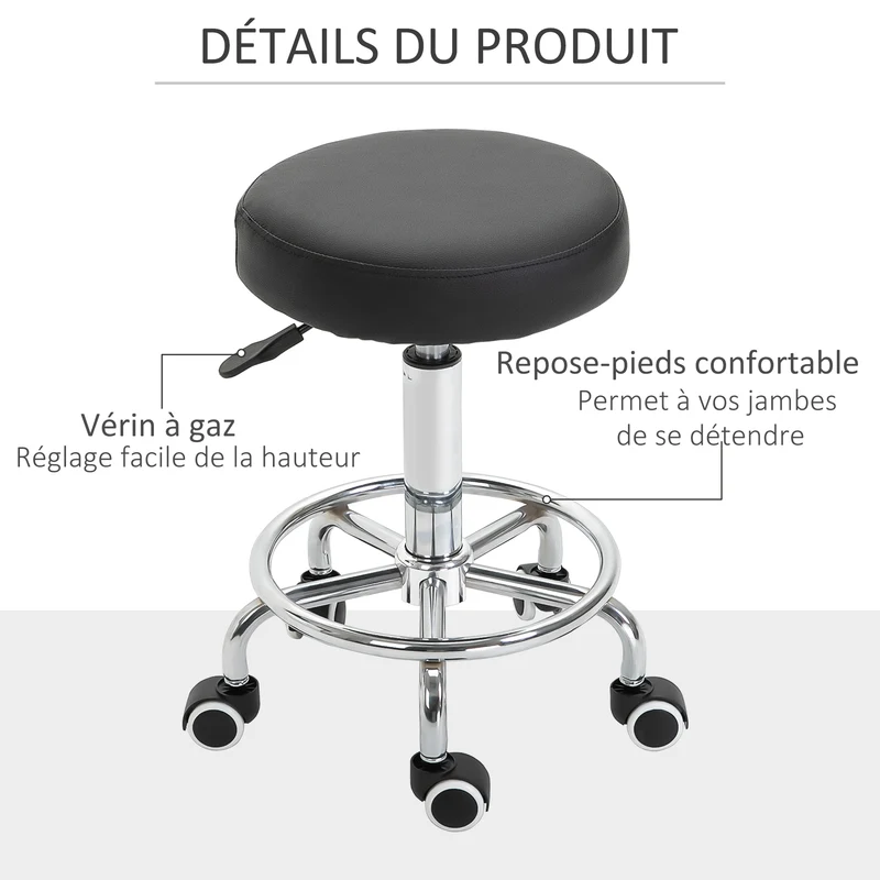 Tabouret à roulettes assise rembourrée 42 x 50-64 cm réglable pivotant ergonomique salon moderne en polyuréthane noir 21_0000813